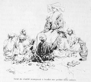 Soeur de charit enseignant  broder aux petites filles arabes.