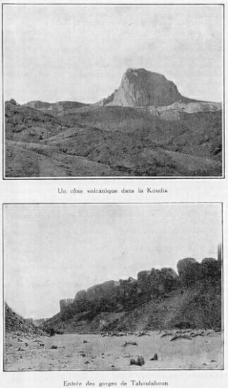 En haut: Un cne volcanique dans la Koudia, En bas: Entre des gorges de Tahoulahoun