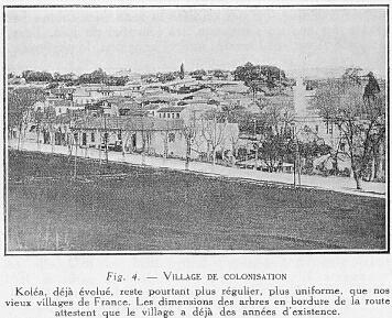 Fig. 4. - VILLAGE DE COLONISATION Kola, dj volu, reste pourtant plus rgulier, plus uniforme, que nos vieux villages de France. Les dimensions des arbres en bordure de la route attestent que le village a dj des annes d'existence.