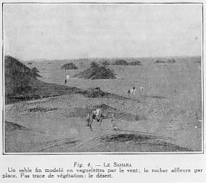 Fig. 4. - LE SAHARA Un sable fin model en vaguelettes par le vent; le rocher affleure par place. Pas trace de vgtation: le dsert.