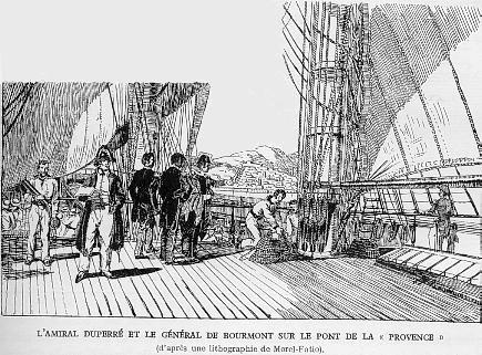 L'AMIRAL DUPERRE ET GENERAL DE BOURMONT SUR LE PONT DE LA "PROVENCE" (d'après une lithographie de Morel-Fatio)